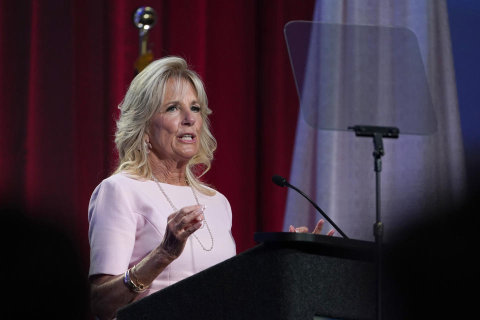 First lady Jill Biden speaks at the 125th Anniversary Convention of the National Parent Teacher Association (PTA) in National Harbor, Md., Friday, June 17, 2022. (AP Photo/Susan Walsh)