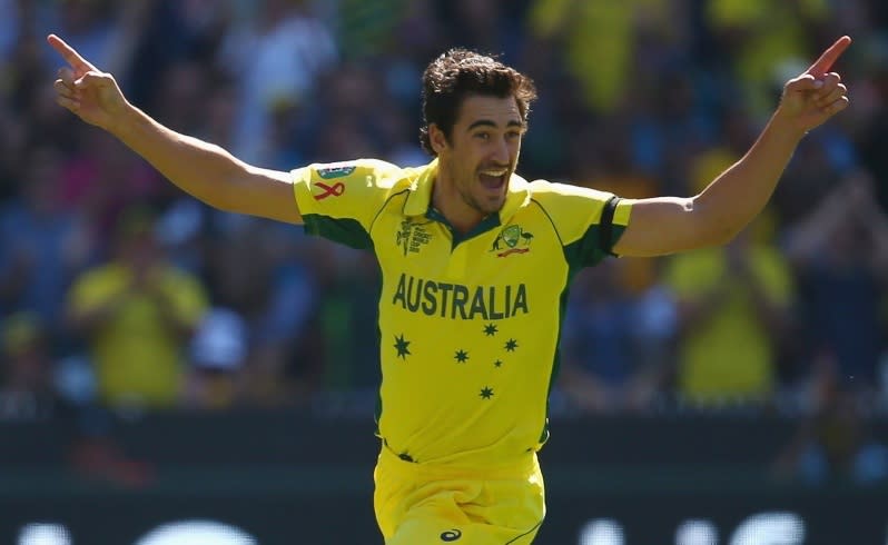 Mitchell Starc celebrates the wicket of Brendon McCullum in the first over. Pic: Getty Images