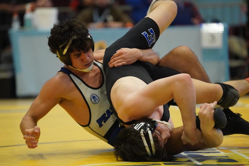 Pearl River's Michael Malfitano wrestles Edgemont's Jordan Fisher in the 160-pound championship match at the Section 1, Division II wrestling championships at Westchester County Center on Saturday, Feb. 10, 2024.