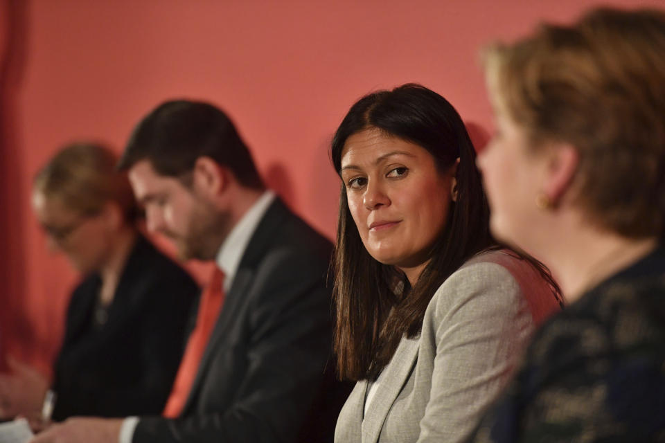 Candidates for leadership of Britain's Labour Party, with from right, Emily Thornberry, Lisa Nandy, Jim McMahon who is attending in place for candidate Kier Starmer, and Rebecca Long-Bailey, during the Labour leadership hustings in Nottingham, England, Saturday Feb. 8, 2020. (Jacob King/PA via AP)