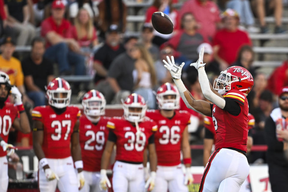 Maryland wide receiver Jeshaun Jones (6) catches the ball during the second half of an NCAA college football game against Indiana, Saturday, Sept. 30, 2023, in College Park, Md. (AP Photo/Terrance Williams)