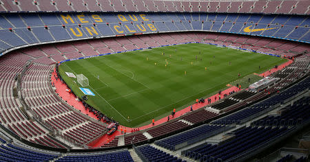 Soccer Football - La Liga Santander - FC Barcelona vs Las Palmas - Camp Nou, Barcelona, Spain - October 1, 2017 General view of the empty stadium during the match as the game is being played behind closed doors REUTERS/Albert Gea