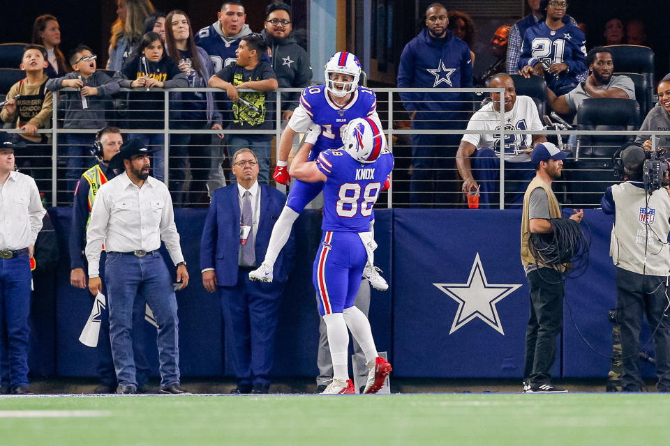 Cole Beasley was lifted into the air by teammate Dawson Knox after scoring the game-tying touchdown in the second quarter agains the Cowboys. (Photo by Andrew Dieb/Icon Sportswire via Getty Images)