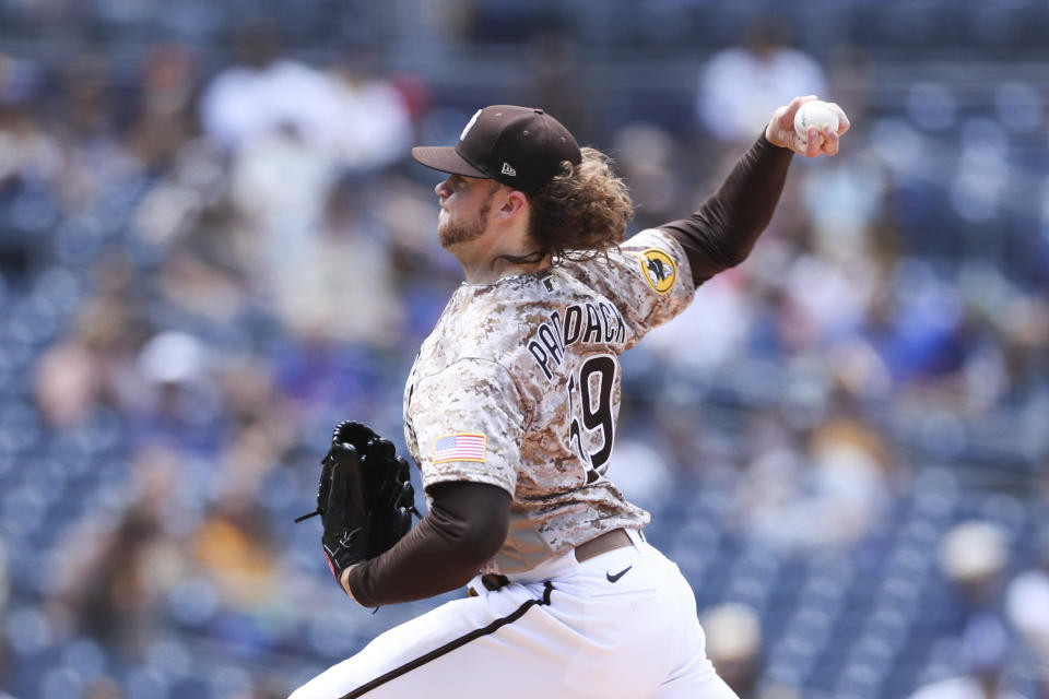 San Diego Padres starting pitcher Chris Paddack delivers. in the second inning of a baseball game against the New York Mets, Sunday, June 6, 2021, in San Diego. (AP Photo/Derrick Tuskan)