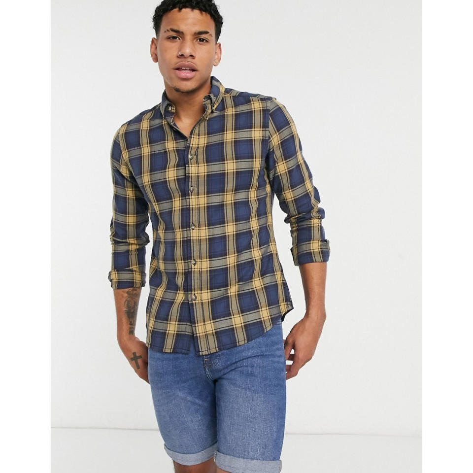ASOS DESIGN Stretch Slim Shirt in Yellow And Navy Check , Best Men's Plaid Shirts