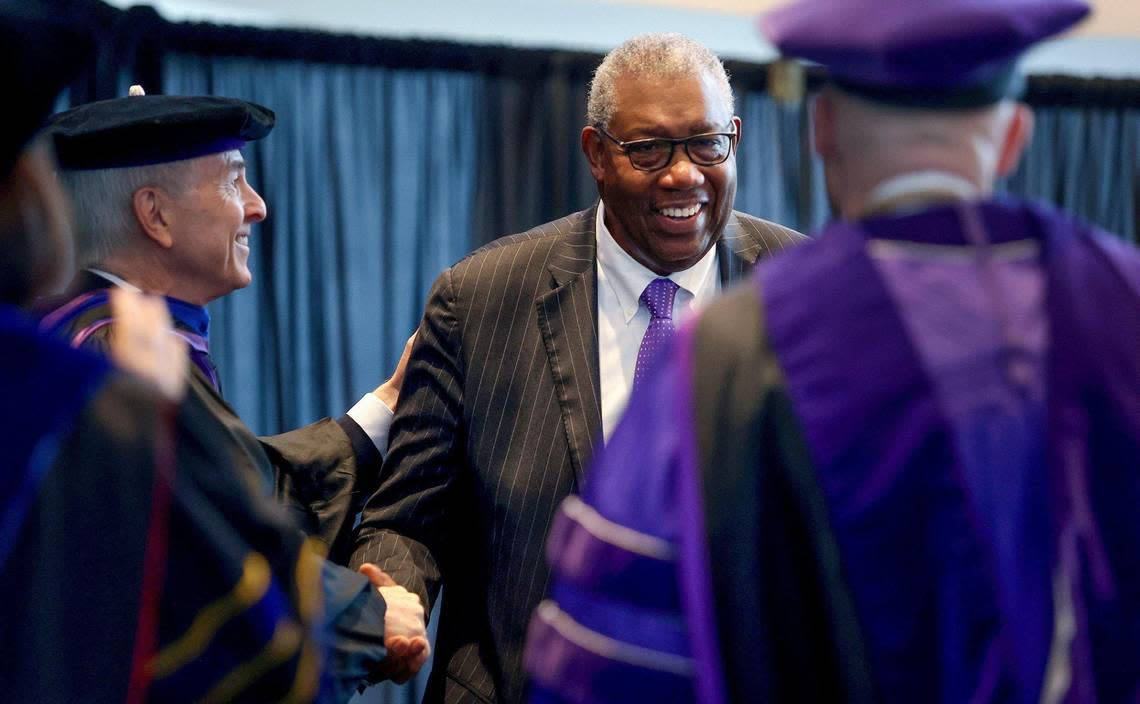James Cash reacts after receiving an honorary doctorate from TCU on Friday. Cash was on campus to be honored with a statue of his likeness on display in front of Schollmaier Arena.