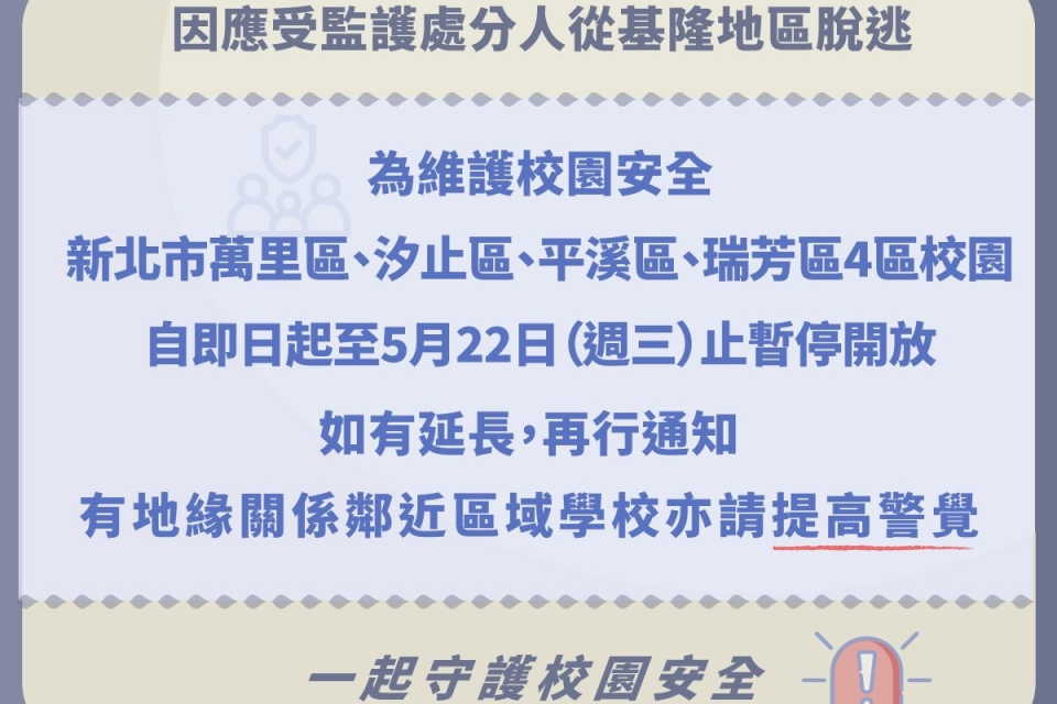 新北因應基隆受刑人逃至瑞芳區 附近4區暫停開放校園至5/22