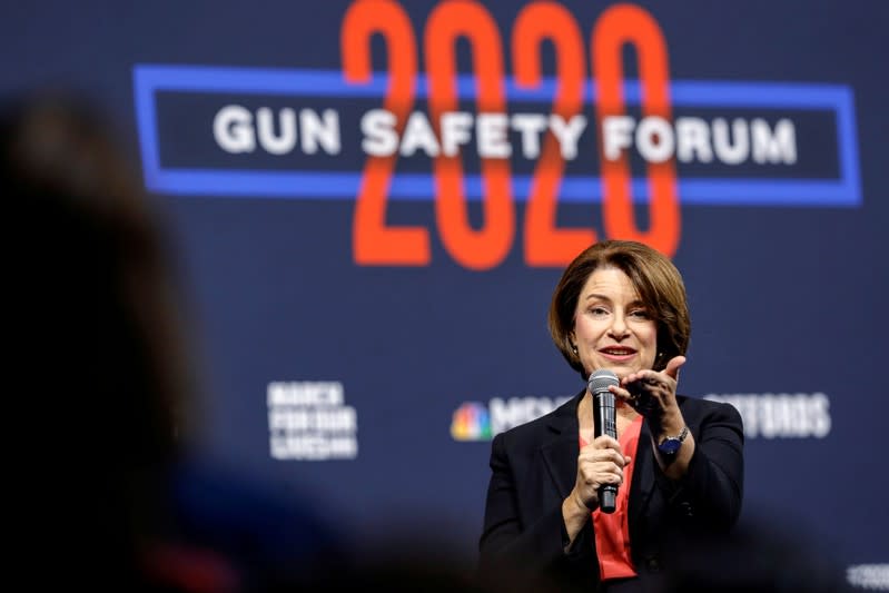 FILE PHOTO: U.S. Democratic presidential candidate, Sen. Amy Klobuchar (D-MN) responds to a question from an audience member during a forum held by gun safety organizations the Giffords group and March For Our Lives in Las Vegas,