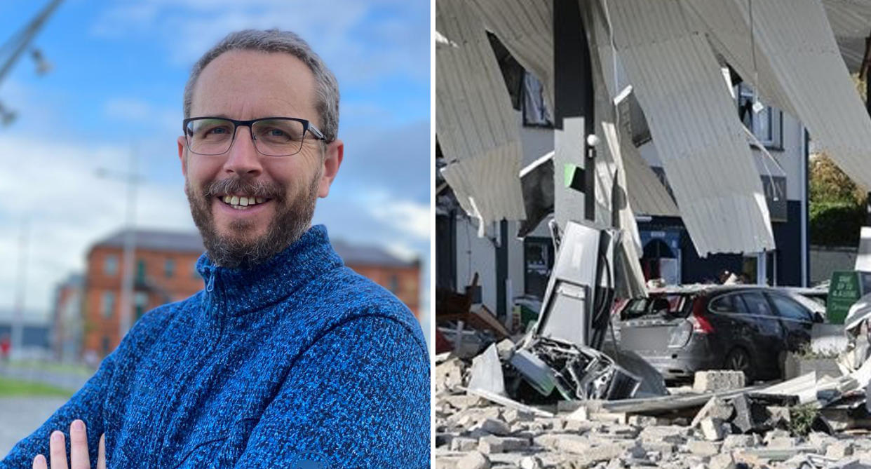 Photo of Sydney-born James O’Flaherty, 48, who died in the Applegreen service station explosion in the Irish county of Donegal. The photo next to him is of the explosion which shows bricks and rubble on top of cars. 
