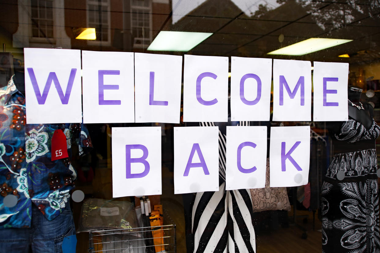 A general view of a 'welcome back' sign in the window of a charity shop in Worthing, Sussex, as the UK continues to introduce measures to gradually bring the country out of the coronavirus lockdown. 