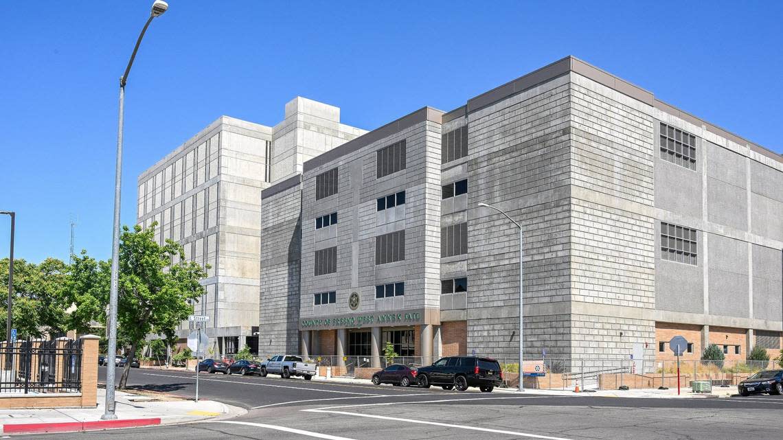 The new Fresno County West Annex Jail building stands at the corner of Merced and L streets in downtown Fresno on Wednesday, May 8, 2024. It’s still not open but officials say it could be by the end of the month.