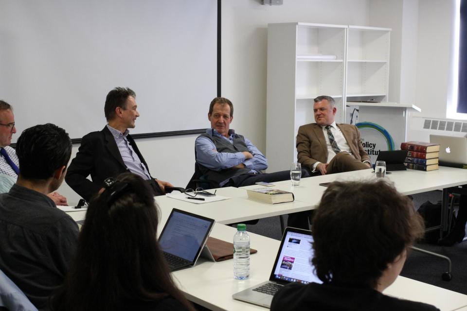 Alastair Campbell with John Rentoul (left) and Jon Davis (right) at King's College, London, yesterday