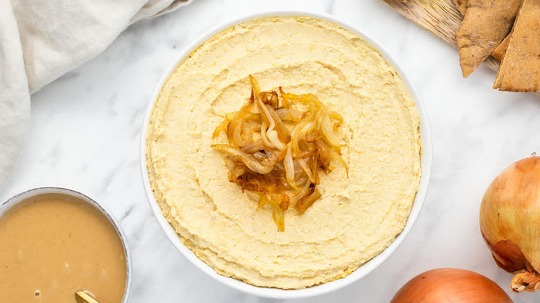 Caramelized onion hummus in bowl