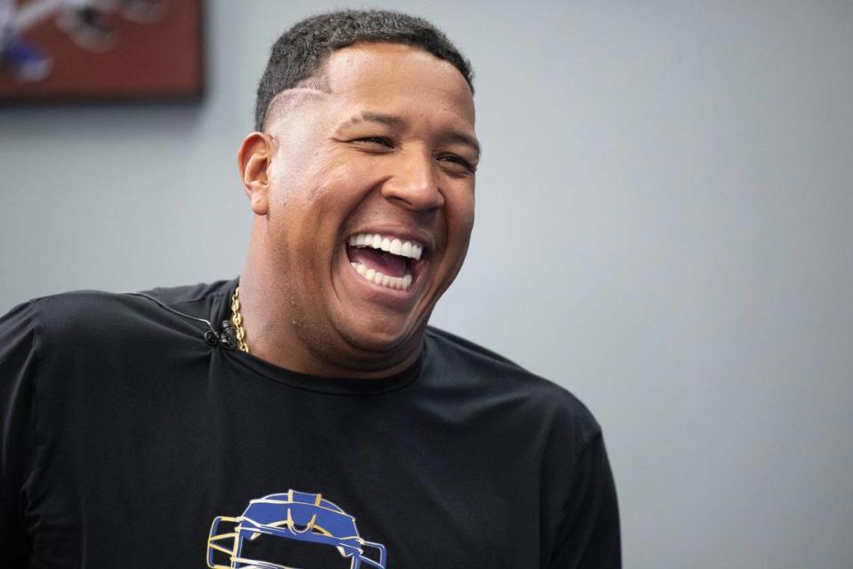 Salvador Perez lets out his inimitable laugh as he talks about what he loves about Kansas City during an interview with The Star on Tuesday at Kauffman Stadium.