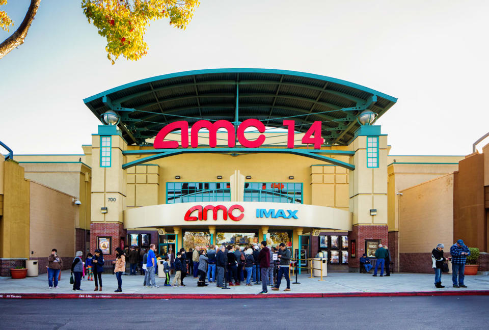 AMC multiplex movie theater entrance facade with sign