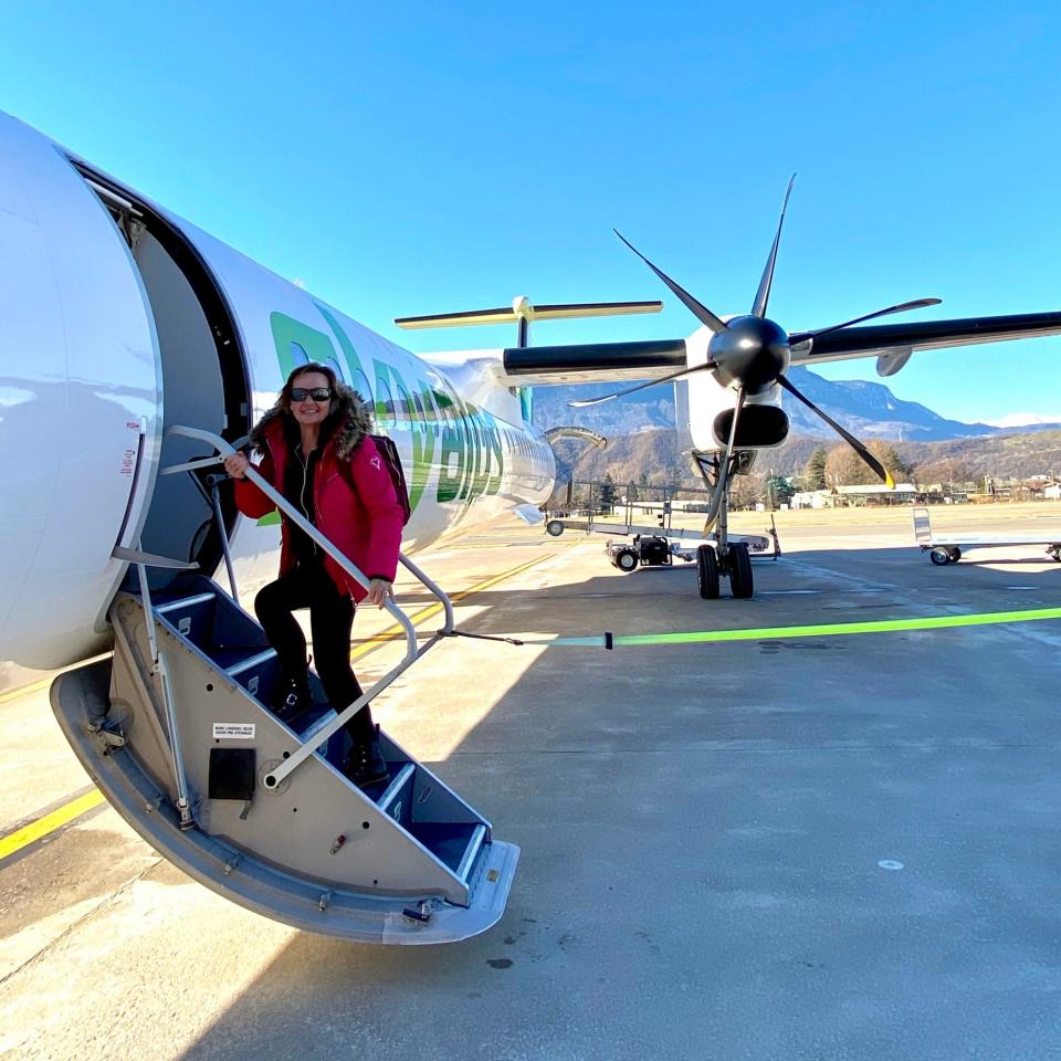 Leslie Woits boards the inaugural flight for SkyAlps