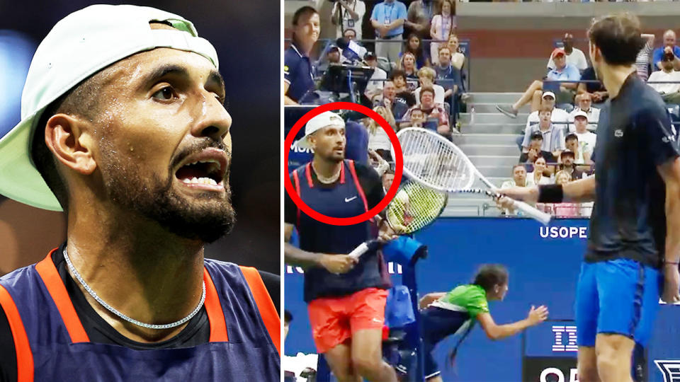 Nick Kyrgios is pictured reacting after being called for a foul shot at the US Open.