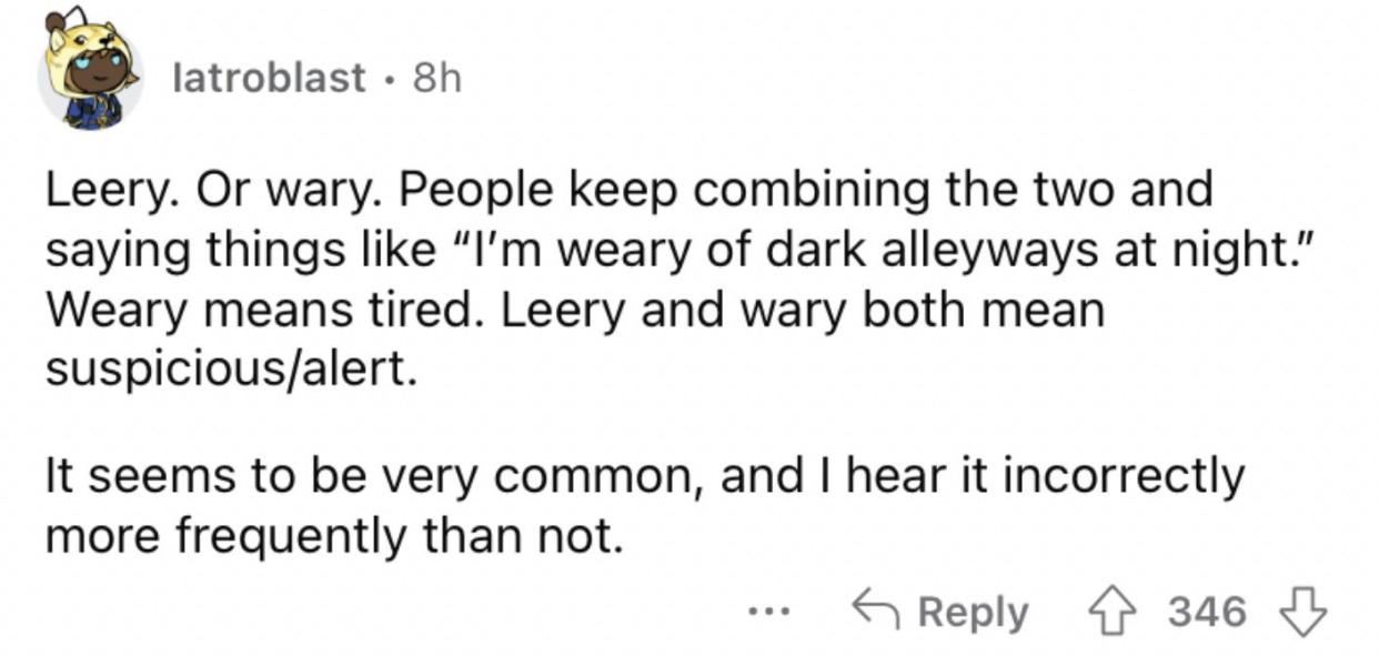 reddit screenshot of people mispronouncing "leery" and/or "wary."
