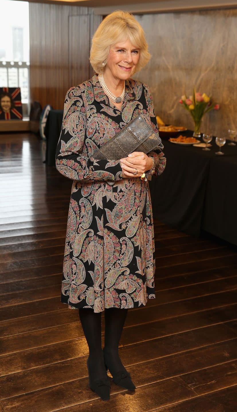 <p>For a day event in London, Camilla wore a paisley-print knee-length with black tights. </p>