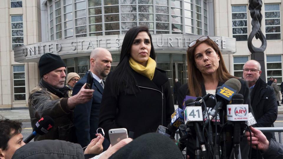 emma coronel aispuro listens as attorney michelle gelernt answers questions from reporters outside the us federal courthouse in brooklyn after a hearing in the case of joaquin el chapo guzman