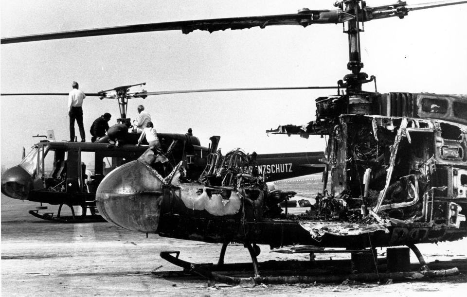 FILE Two West German border police helicopters that carried armed terrorists and their nine Israeli Olympian hostages, stand at Fuerstenfeldbruck air force base, twenty miles west of Munich, Germany, on Sept. 7, 1972. Shaul Ladany survived a Nazi concentration camp and narrowly escaped the massacre of the Israeli athletes at the 1972 Olympic Games in Munich. Both attempts to murder him happened on German soil in the last century. Many decades later, the 86-year-year old Jew has returned to visit the two places where he narrowly escaped death. (AP Photo, File)