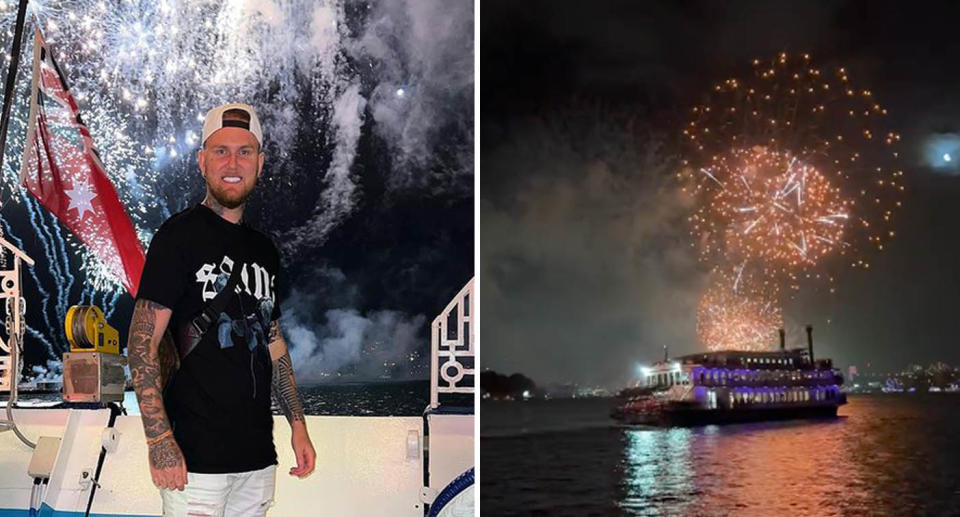 A photo of Sydney video creator, Luke Erwin on a boat with an obstructed view of the Sydney Harbour Bridge during the 12am fireworks. A photo of the 12am fireworks from the boat, where another boat is seen to hide the Sydney Harbour Bridge.