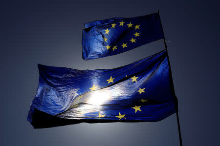 European Union flags flutter as uncertainty over Brexit continues, in London, Britain April 10, 2019. REUTERS/Gonzalo Fuentes/Files