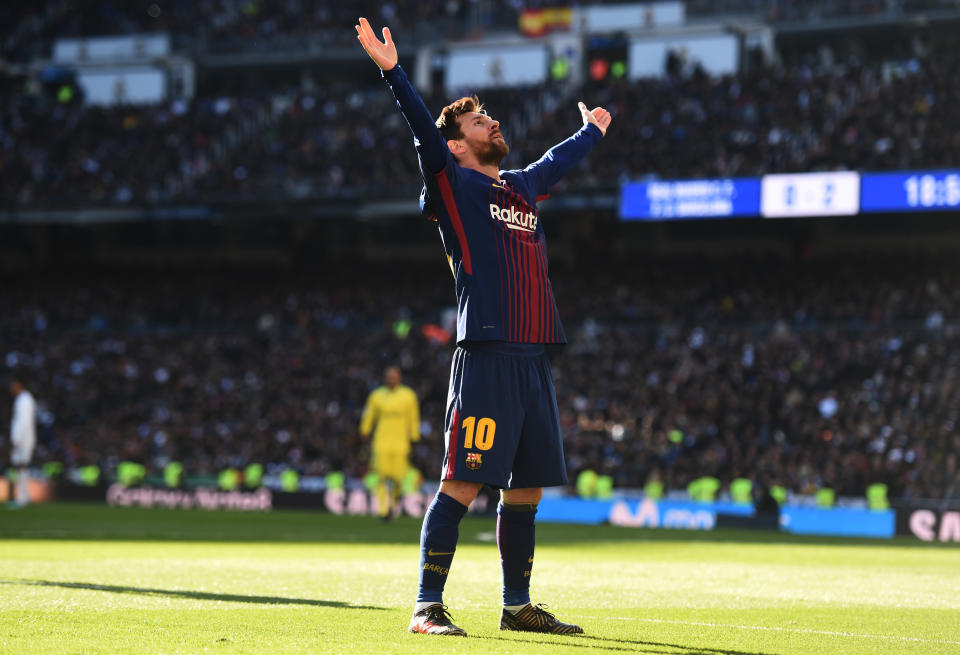 Lionel Messi celebrates his goal in El Clasico against Real Madrid at the Santiago Bernabeu. (Getty)