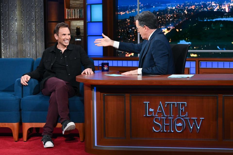 "The Late Show with Stephen Colbert" and guest Paul Mecurio appear during the Oct. 10, 2022, show.