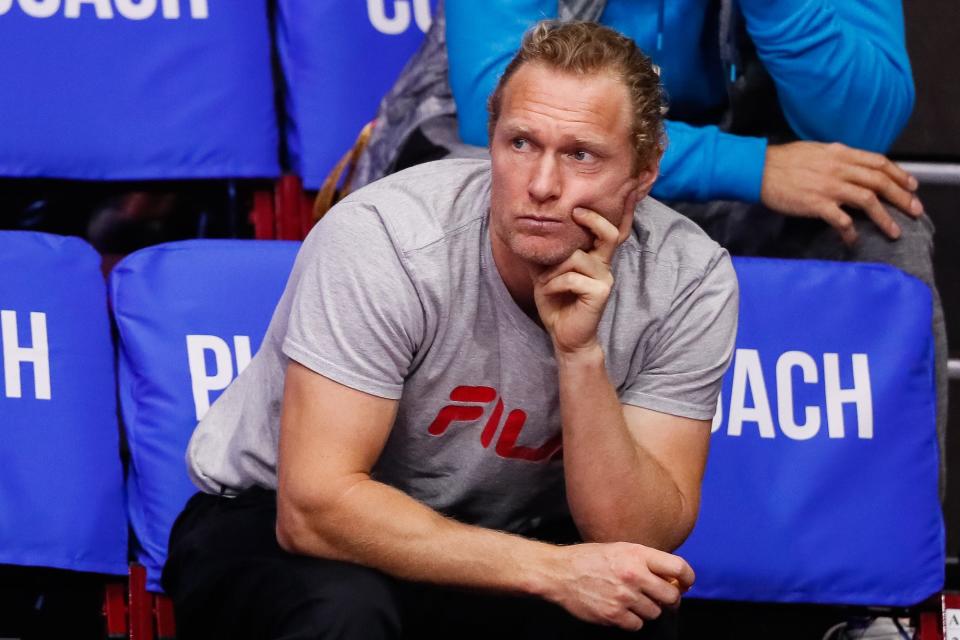 Aryna Sabalenka's coach Dmitry Tursunov looks on during her WTA St. Petersburg Ladies Trophy 2019 tennis match against Ekaterina Alexandrova of Russia.