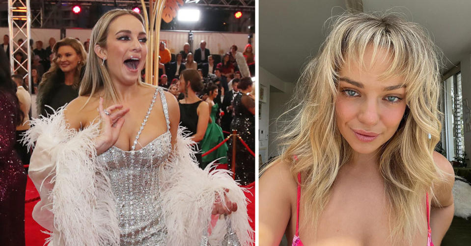 L: Abbie Chatfield at the Logie Awards red carpet smiling with her mouth open. R: Abbie Chatfield takes a selfie in just lingerie