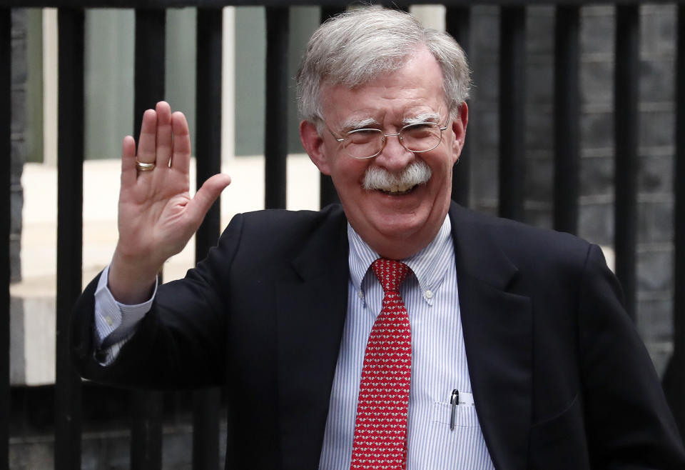 John Bolton, US National Security Advisor, arrives at Downing Street to meet Britain's Chancellor of the Exchequer Sajid Javid in London, Tuesday, Aug. 13, 2019. (AP Photo/Frank Augstein)