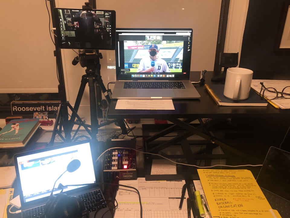 Jon Sciambi's at-home setup for a KBO broadcast has quite a few screens he needs to pay attention to. (Photo courtesy Jon Sciambi)