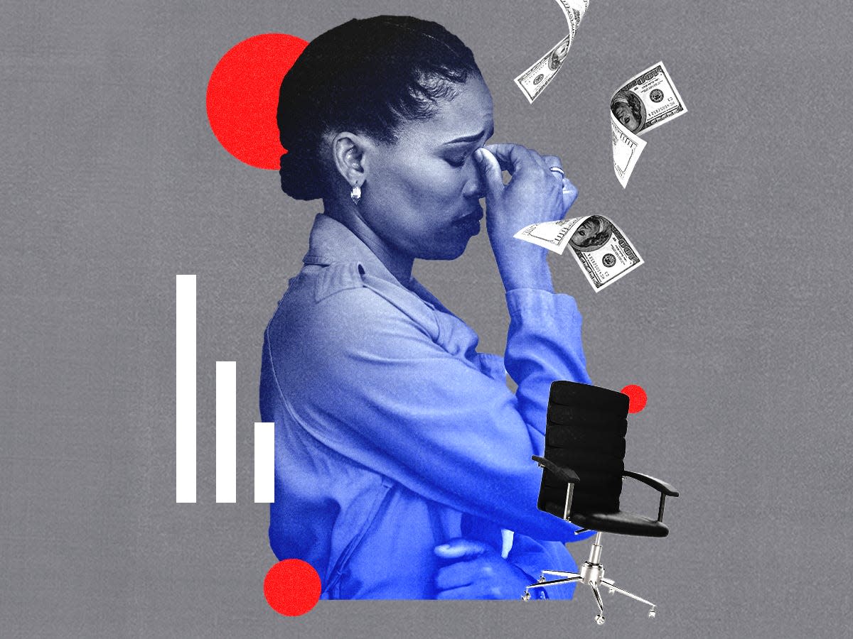 A woman looking worried and stressed collaged against a graph going down, desk chair, falling dollar bills and red circles.