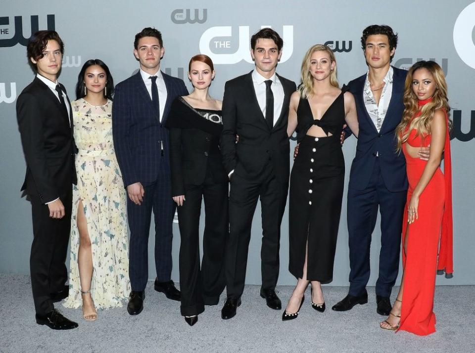 Cole Sprouse, Camila Mendes, Casey Cott, Madelaine Petsch, KJ Apa, Lili Reinhart, Charles Melton and Vanessa Morgan attend the 2018 CW Network Upfront. | Jim Spellman/WireImage