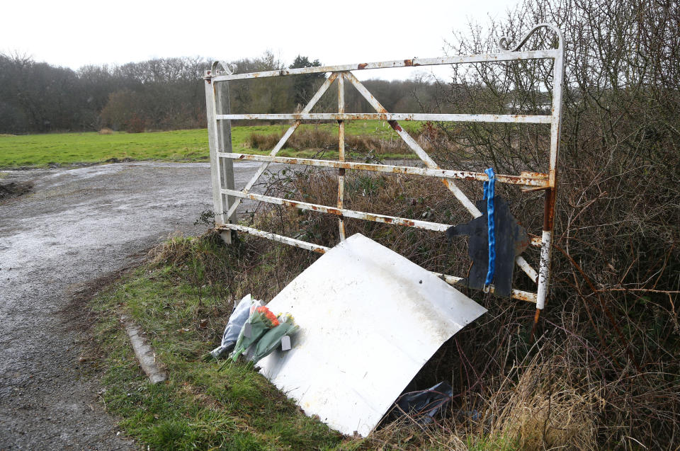 Flowers from members of the public left near Great Chart Golf and Leisure near Ashford in Kent, near where the human remains were found. (PA)