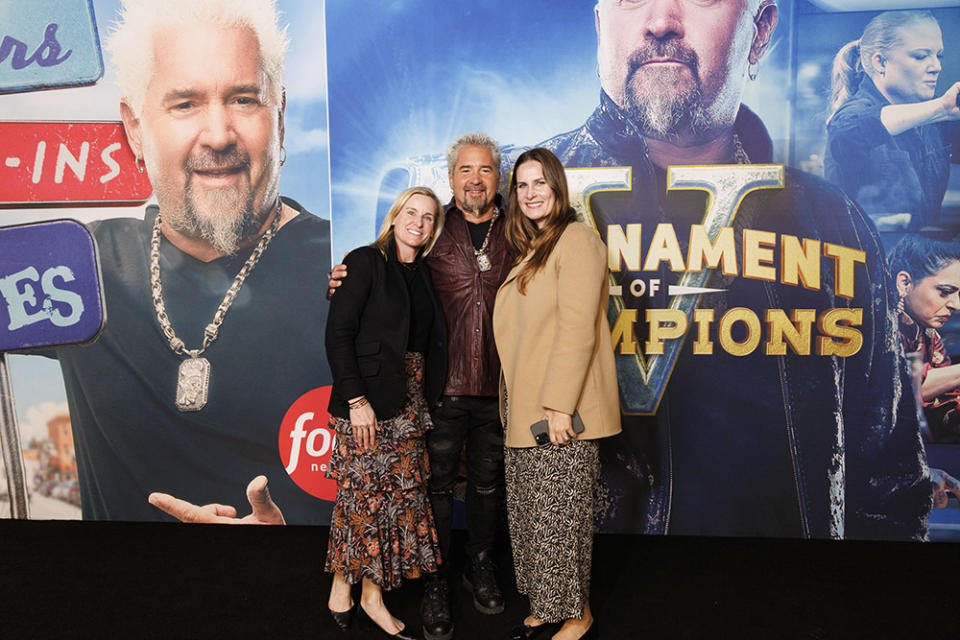 Betsy Ayala, Guy Fieri and Julie St. Aubin attend the Food Network Emmy FYC Event for DDD and TOC with host and EP Guy Fieri at the TV Academy, moderated by ET’s Kevin Frazier in Los Angeles, CA on Thursday, April 25, 2024