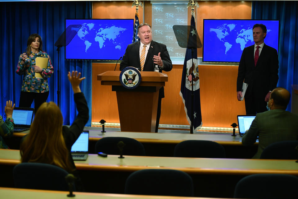 Secretary of State Mike Pompeo speaks during a press conference at the State Department, Wednesday, June 24, 2020 in Washington, as State Department spokeswoman Morgan Ortagus, left, and State Department Coordinator for Counterterrorism, Ambassador Nathan Sales, right, look on. (Mandel Ngan/Pool via AP)