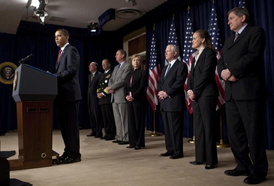 <div class="inline-image__caption"><p>Flournoy, second from right, looks on as President Barack Obama announces a new comprehensive strategy for Afghanistan and Pakistan in March 2009.</p></div> <div class="inline-image__credit">Ron Edmonds/AP</div>