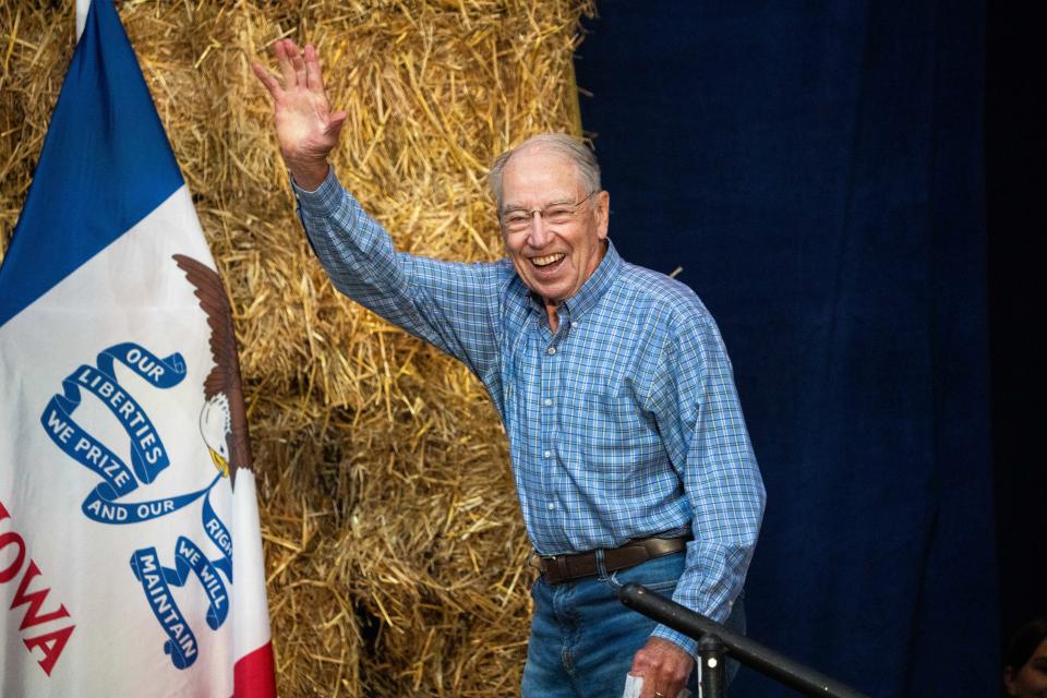 U.S. Sen. Chuck Grassley is welcomed to the stage during the annual Roast and Ride Saturday, June 1, 2024, at the Iowa State Fairgrounds.