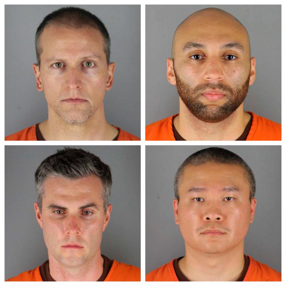 This combination of file photos provided by the Hennepin County Sheriff's Office in Minnesota on June 3, 2020, shows, top row from left, Derek Chauvin, and J. Alexander Kueng, bottom row from left, Thomas Lane and Tou Thao. A judge on Thursday, Nov. 5 declined defense requests to move the trial of the four Minneapolis police officers charged in George Floyd's death, and also ruled that all four would be tried in a single proceeding.