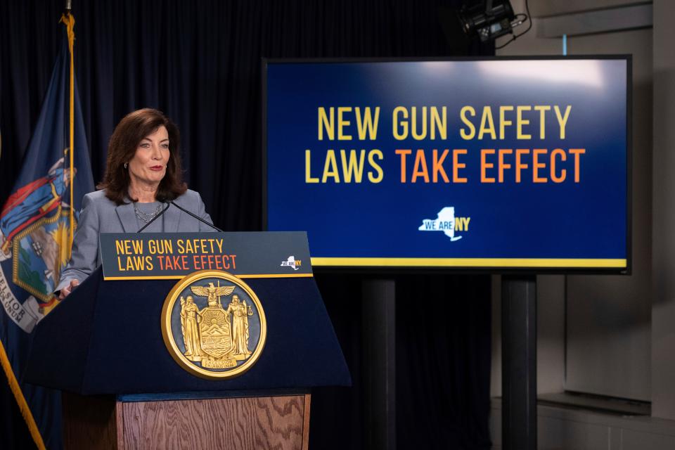 New York Governor Kathy Hochul speaks during a news conference about the state's new gun laws on Aug. 31, 2022.