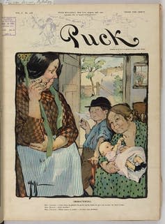 <span class="caption">Two Irish mothers on the cover of Puck, 1901.</span> <span class="attribution"><a class="link " href="https://www.loc.gov/pictures/item/2010651453/" rel="nofollow noopener" target="_blank" data-ylk="slk:Library of Congress;elm:context_link;itc:0;sec:content-canvas">Library of Congress</a></span>