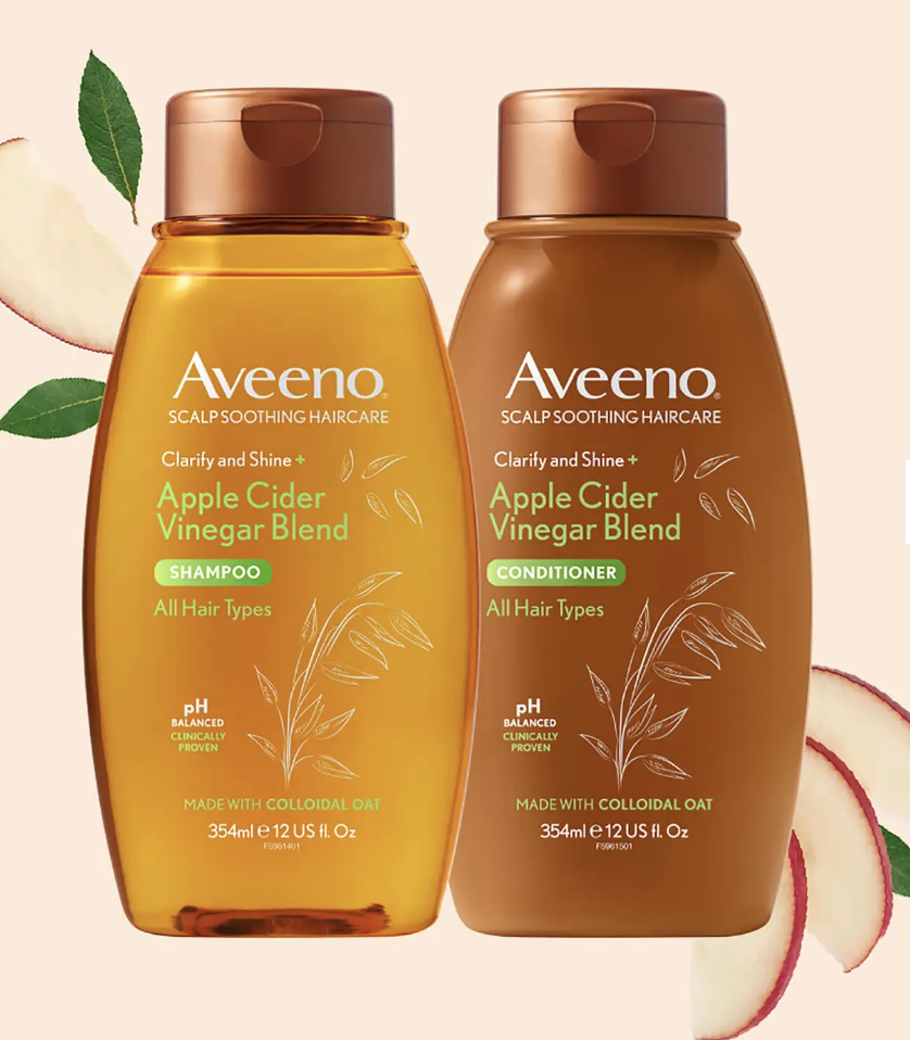 Aveeno Scalp Soothing Haircare Clarify and Shine Apple Cider Vinegar Shampoo 354ml. PHOTO: LookFantastic