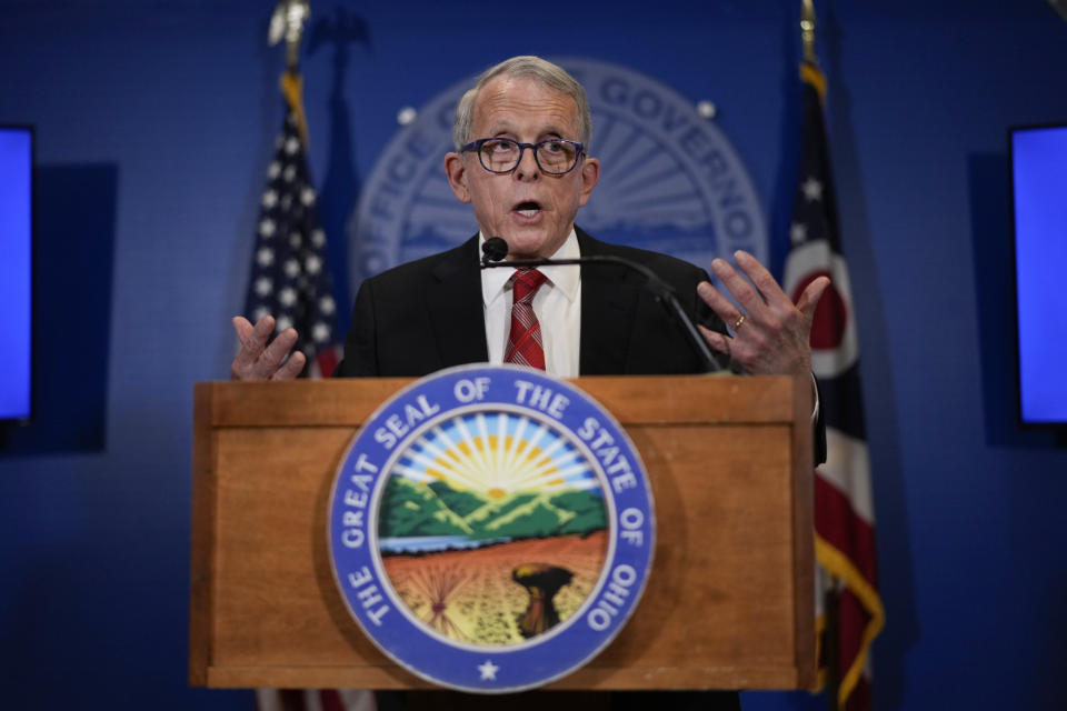 Ohio Gov. Mike DeWine speaks during a news conference, Friday, Dec. 29, 2023, in Columbus, Ohio. DeWine vetoed a measure Friday that would have banned gender-affirming care for minors and transgender athletes’ participation in girls and women’s sports, in a break from members of his party who championed the legislation. (AP Photo/Carolyn Kaster)