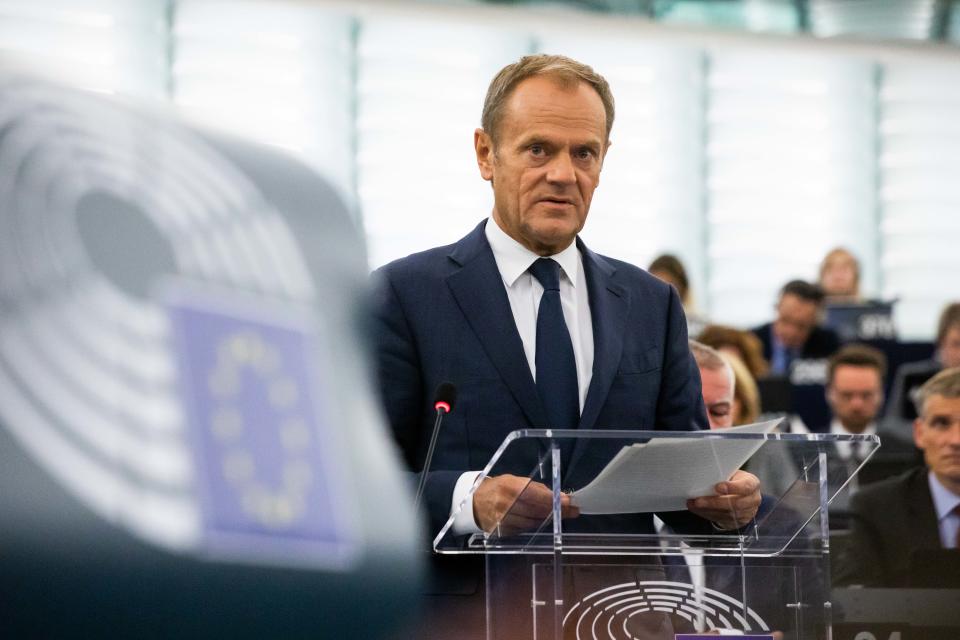 22 October 2019, France (France), Straßburg: Donald Tusk, President of the European Council, addresses the European Parliament during the debate on the outcome of the meeting of EU Heads of State and Government. Photo: Philipp von Ditfurth/dpa (Photo by Philipp von Ditfurth/picture alliance via Getty Images)