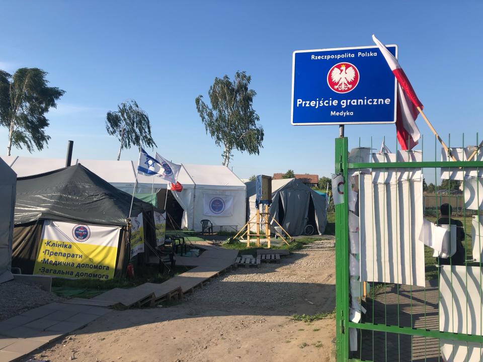 Makeshift medical tents in Medyka, Poland, where Columbus physician Ean Bett volunteered May 7-23, providing care to Ukrainians.