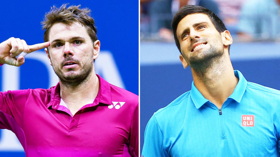 Stan Wawrinka (pictured left) celebrating by pointing to his head and World No.1 Novak Djokovic (pictured right) frustrated.