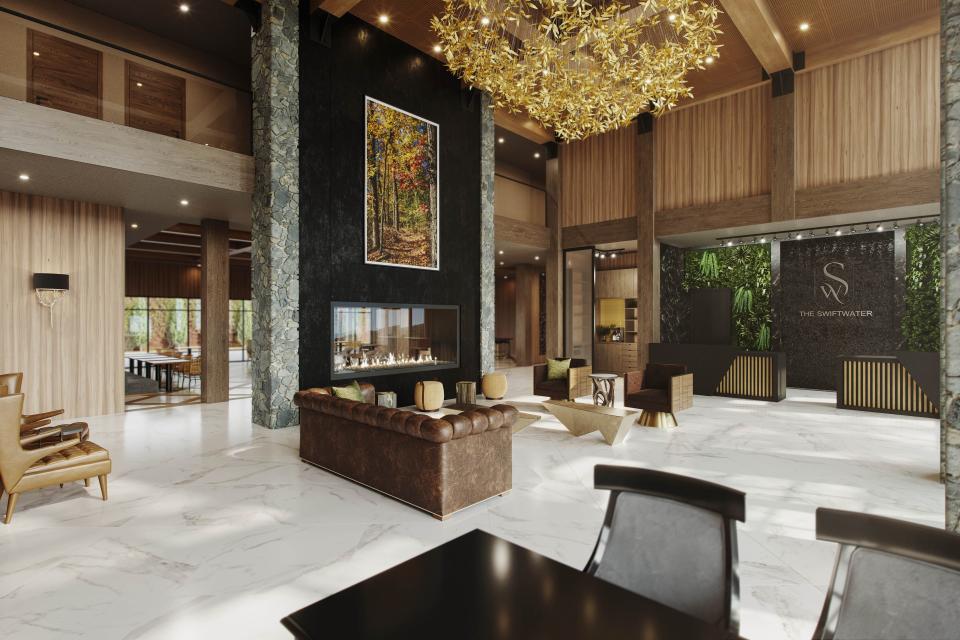 A new luxury hotel, The Swiftwater, is under construction and is scheduled to open in May 2024 in the Poconos. This is a rendering of the lobby.