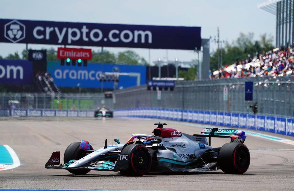 Mercedes driver George Russell races through the Miami Grand Prix circuit during the first practice session on Saturday.